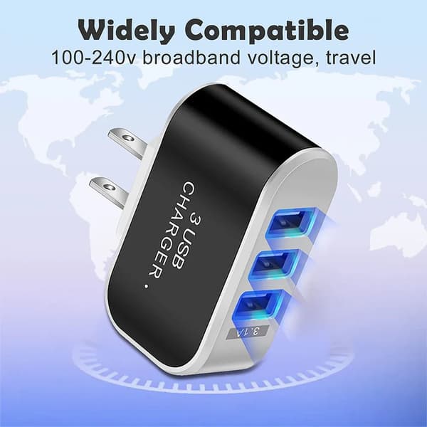 Multi-Hoved Rejseoplader 3-Port LED Lys Telefon Oplader Adapter