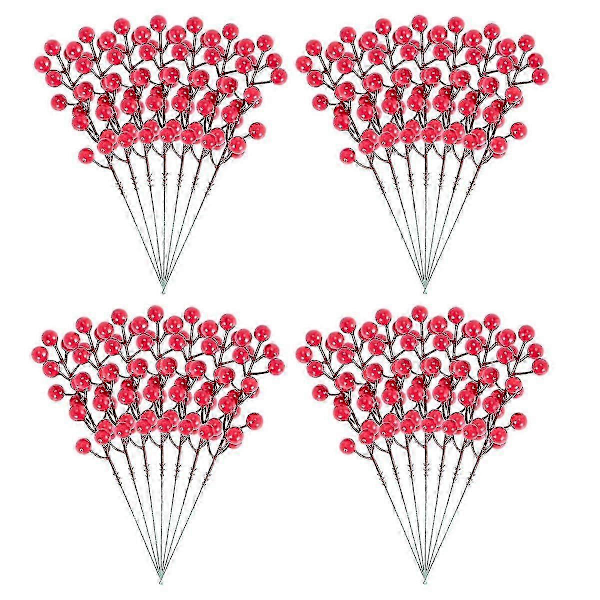 Röda Bärstjälkar, 24-pack 20 cm Konstgjorda Julbär Holly Picks Gren för Julgran, DIY Krans, Fest (C)