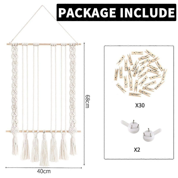 Väggdekoration med 30 träklämmor för foton, macramé, bildhållare, collage, bildram - B16