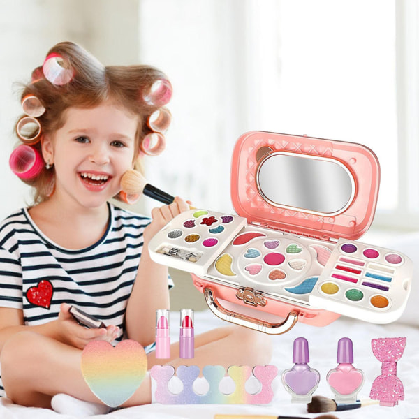 Kosmetiska leksaker för barn, Läppstiftstillbehör för flickor Tote Box Set Tvättbara äkta sminkleksaker set med case, flickleksaker, sminkleksaker för toddler , födelsedagsgif A