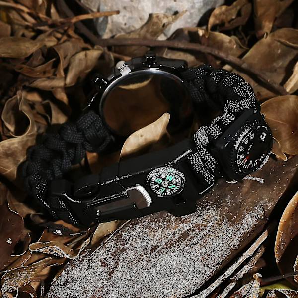 Overlevelsesarmbånd i paracord, for menn og kvinner, med klokke/fløyte/fyrstarter/skrape/kompass og termometer, 6 i 1 multifunksjonelt utendørs -