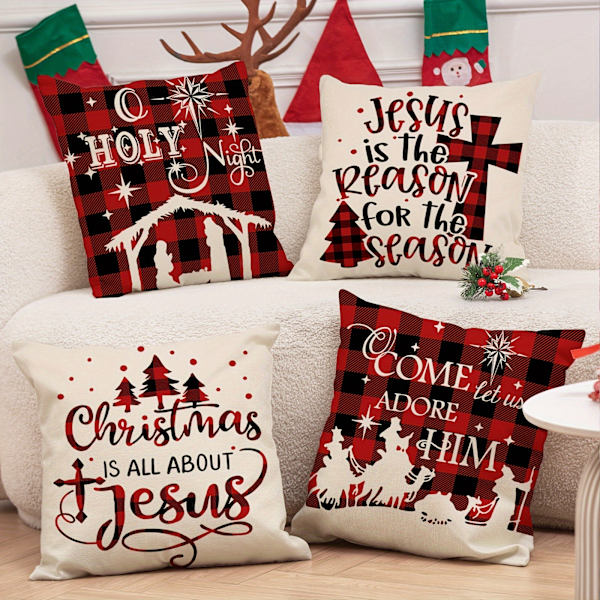 4-pack Rustika Country Jul Dekorativa Kuddfodral - 18x18 Tum Zippade Polyester Kuddfodral med Hjärtliga Religiösa Budskap, Mac