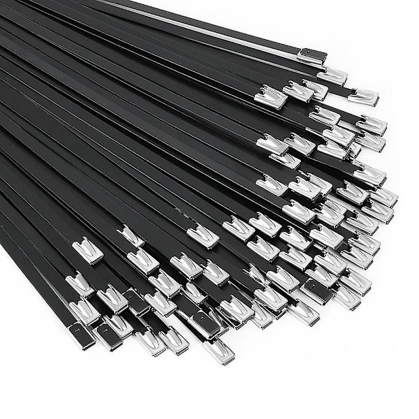 Metal Kabelbinder Sorte 100 stk 11,8 tommer 304 Rustfrit Stål Epoxybelagt Kabelbinder til Maskiner, Køretøjer, Gårde, Kabler
