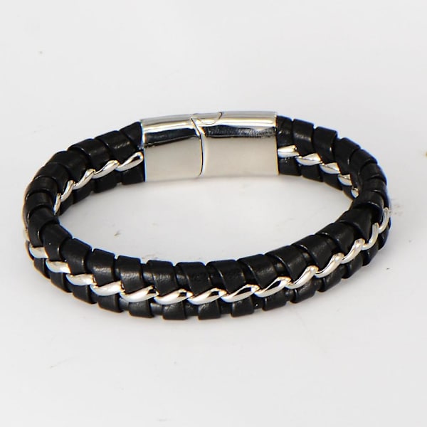 Barnpojkar Äkta Läder Svart Armband. Titan Silverkedja med Magnetisk Spänne 18,5cm