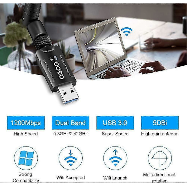 Realtek RTL8812BU USB WiFi-adapter, Dual Band AC1300 för PC, Multi-Systemkompatibilitet, Hög Gain-antenn för förbättrad nätverkstäckning (Antenn (C)