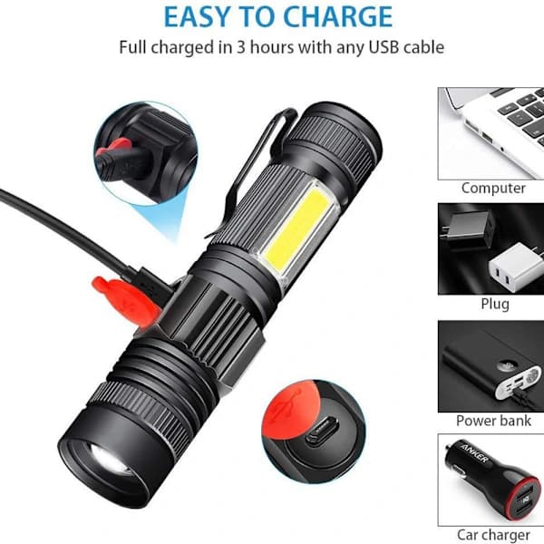 T6+COB Lommelykt USB-lading Utendørs Zoom med Magnet Multifunksjonell