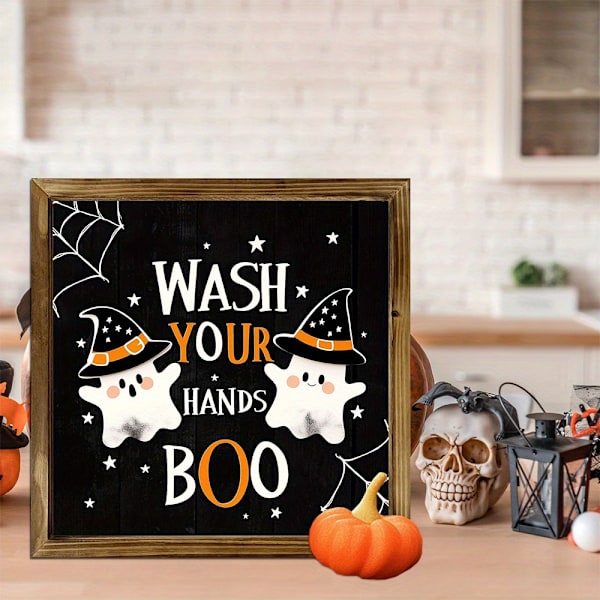 Rustikt 'Tvätta händerna, BOO' träskylt för vägg - Spöklikt badrumsdekor, 8x8 tum, perfekt för Halloween & höstsäsongen