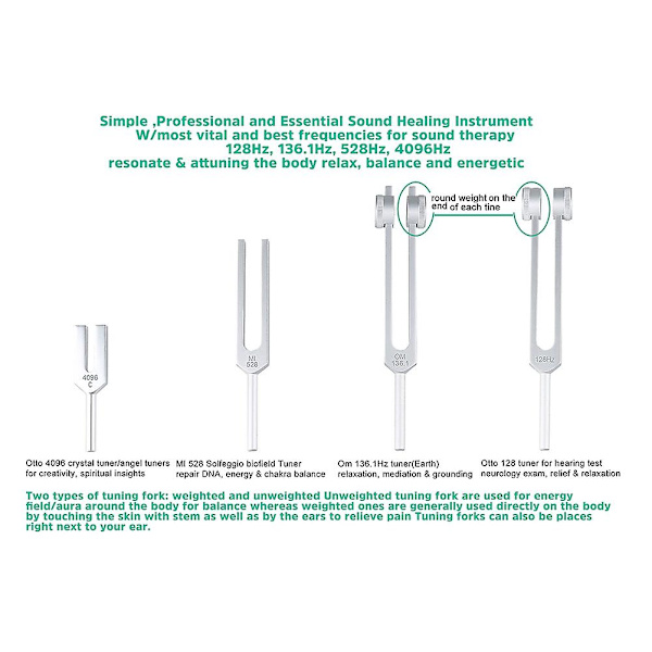 4-pack Stämgaffelset (128Hz, 136.1Hz, Mi 528Hz, 4096Hz), för läkning av chakran, ljudterapi, stressreducering