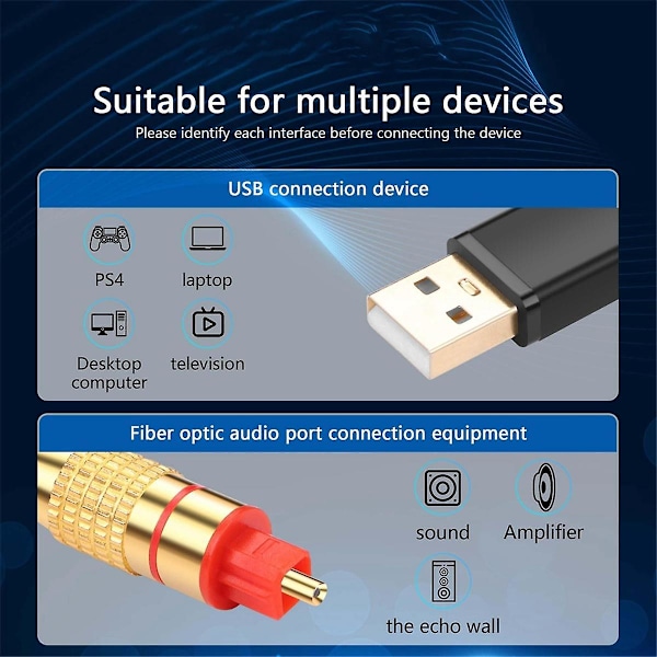 USB til Optisk Lydadapter USB A til Fiberoptisk Lyd SPDIF Porttilkobling Lydkonverteringskabel for Datamaskin Bærbar PC