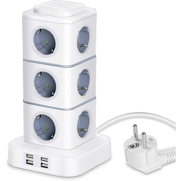 Vertikal Strömskena, 12 Uttag med 4 USB-portar, Vertikal Strömskena med Överspänningsskydd för Hemmakontor, 3m Förlängningssladd (2500w/10a