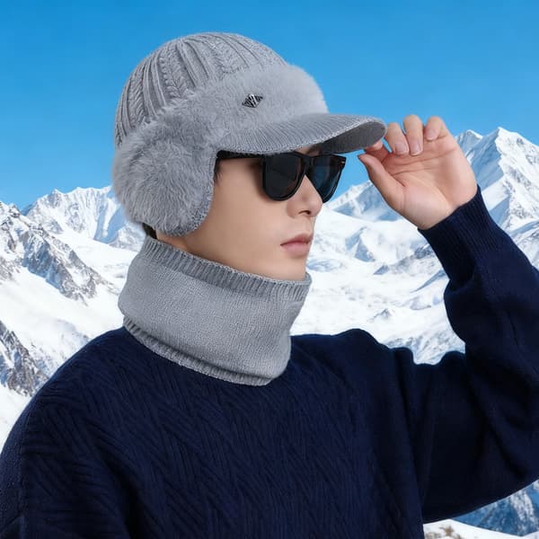 Korean Knit Wool Cap with Brim – Thick, Warm, Windproof Beanie with Optional Neck Warmer E