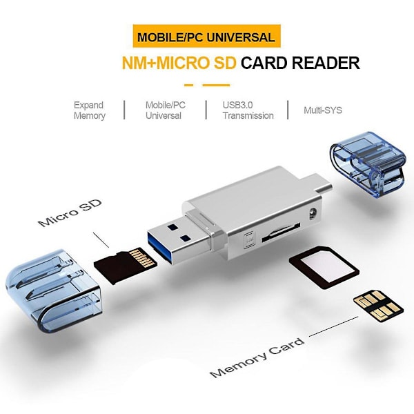 USB-C Typ C / USB 2.0 till NM Nano Memory Card TF - SD Kortläsare för Mobiltelefon & Förstärkare, Laptop