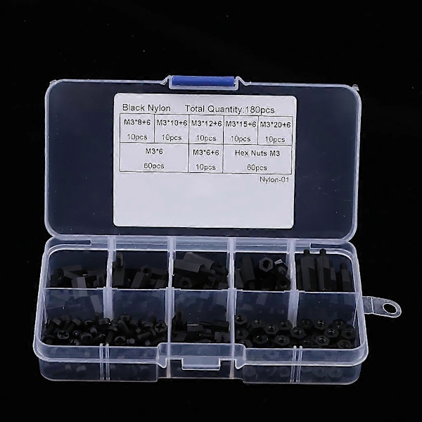 180 st Svarta M3 Nylon Hane-Hona Hex Distanser Skruv Mutter Sortimentslåda (C)