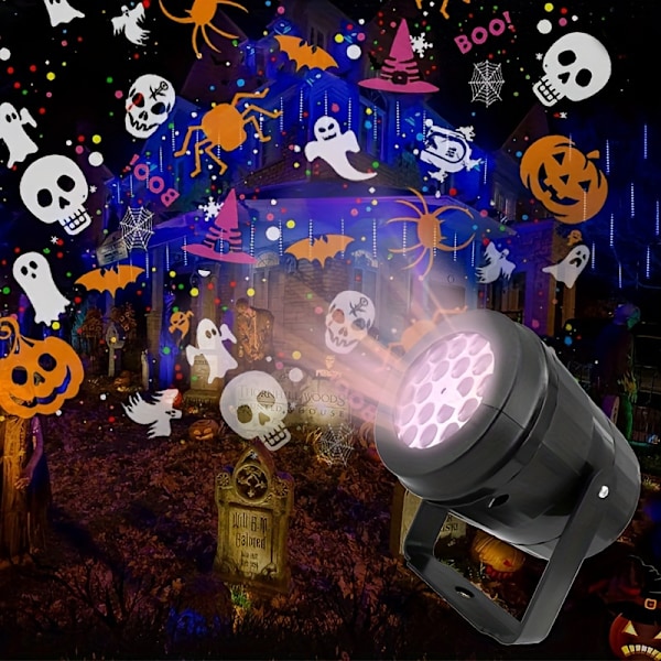 Halloween LED-projektionslampa - 16 utbytbara mönster, USB-driven, inget batteri behövs, enkel att använda, platsbesparande, energieffektiv och hållbar