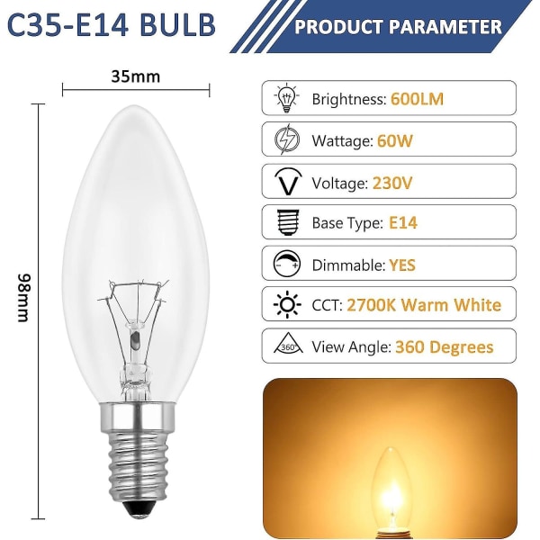 Glødepære med stearinlysform E14 60W 230V, E14 Flammepære, Dæmpbar varm hvid 2700K, 600lm, C35 Transparent pære, Til lysekrone, skrivebordslampe, Pakke med 6[C]