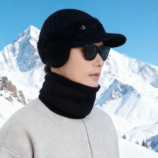 Korean Knit Wool Cap with Brim – Thick, Warm, Windproof Beanie with Optional Neck Warmer E