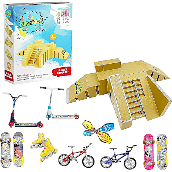 STASHABLES Finger Skateboard Ramp Sæt  Finger Skatepark Kit 16 Dele  Skate Park Kit Inkluderer Skateboards, Ramper, Scootere, Skøjter, Cykler og Caster