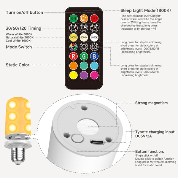 Rechargeable Wall Light - High Capacity LED, 360° Full Brightness, RGB+CCT 1800K, Button & Remote Control 5W