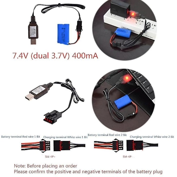 Li-ion Batterioplader til Elektriske RC Legetøjsbiler Båd - 7.4v 3.7v X2 - USB Kabel Medfølger