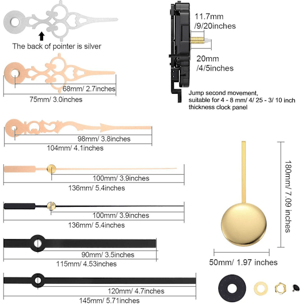 Kvartspendelklokkebevegelse DIY-bevegelsessett med 2 par visere, pendel, DIY-mekanismependel
