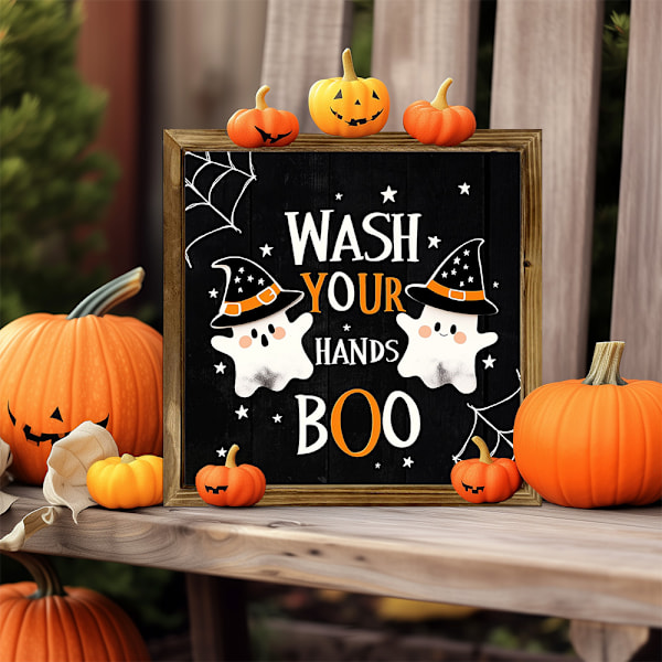 Rustikt 'Tvätta händerna, BOO' träskylt för vägg - Spöklikt badrumsdekor, 8x8 tum, perfekt för Halloween & höstsäsongen