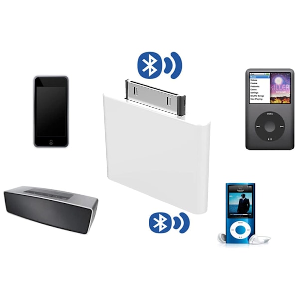 30-pin Bluetooth 4.1 lydtransmitter for iPod Mini iPod Classic iPod Nano Touch (hvit)