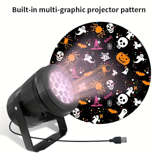 Halloween LED-projektionslampa - 16 utbytbara mönster, USB-driven, inget batteri behövs, enkel att använda, platsbesparande, energieffektiv och hållbar