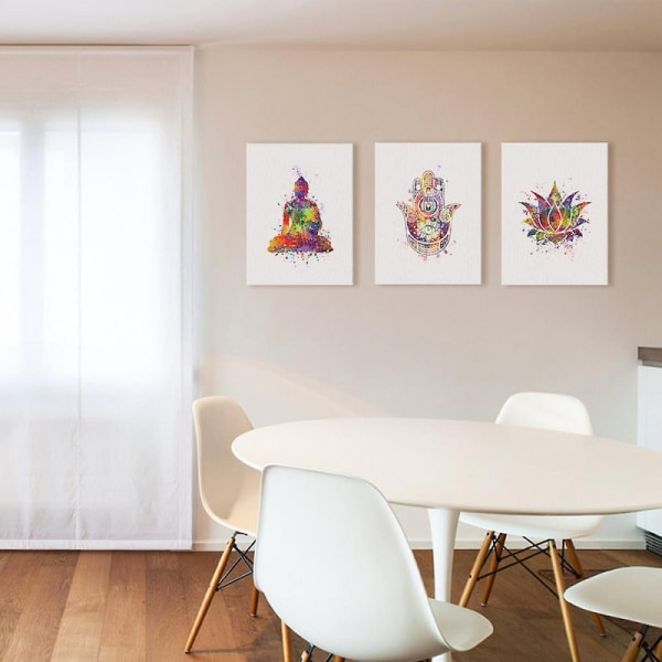 Wekity Buddha, Lotus og Mudra Væghængt Canvas Print Poster, Enkel Mode Akvarel Kunsttegning Dekoration Til Hjemmet Stue Soveværelse Kontor (sæt af 3