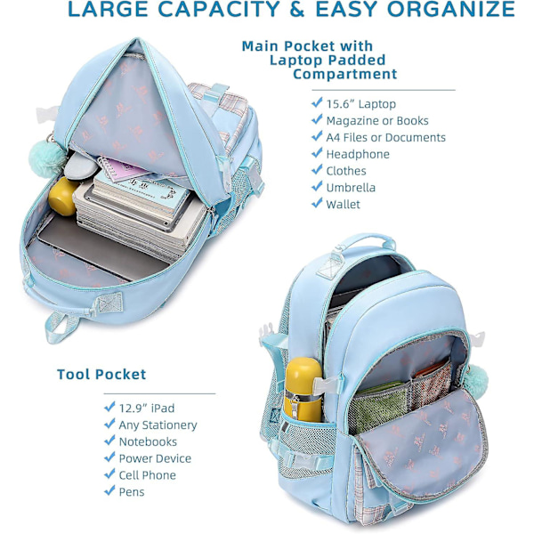 Ryggsekk for jenter, 15,6 tommers bærbar PC-skolesekk, barnehage, barneskole, høyskole, store boksekker for tenåringsjenter, kvinnelige studenter, casual