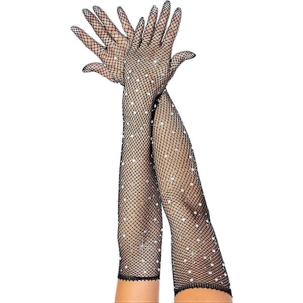 Leg Avenue Dam Rhinestone Fisknätslånga Handskar Svart - (C)