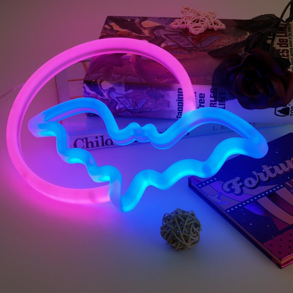 Halloween Neon Skyltar - Måne och Fladdermus LED Neonljus USB Batteridriven Neonljusskylt för Väggdekor Rum Bar Fest Barnpresent[C]