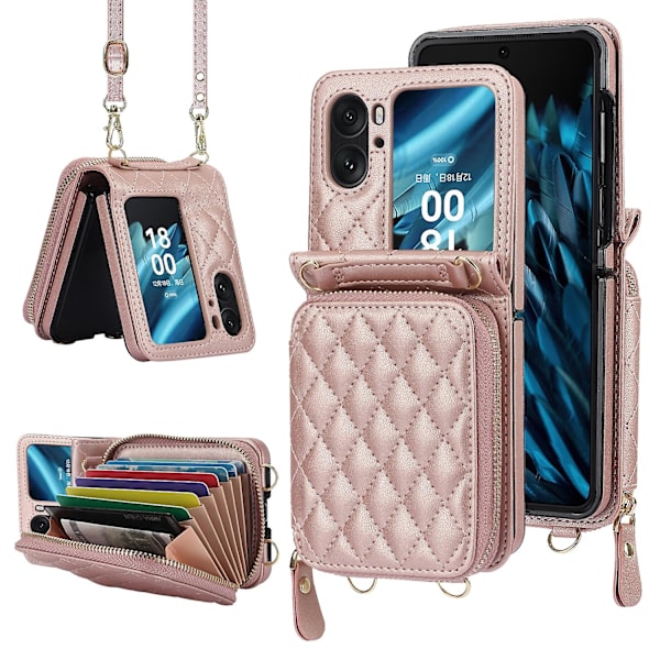 Korthållare-fodral med rombstruktur för OPPO Find N2 Flip Rose Gold