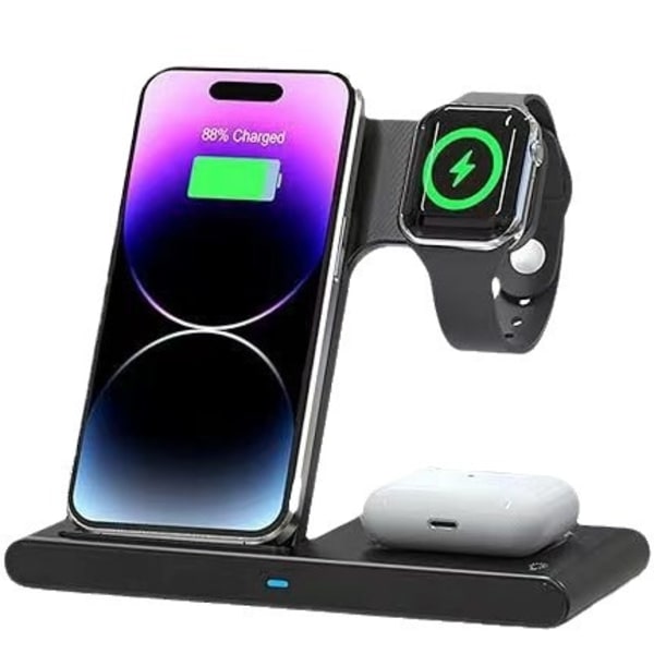 Trådlös laddningsstation för flera enheter: 3 i 1 snabbladdningsstativ för Apple-produkter iPhone 14 13 12 11 Pro Max XS XR X 8 Plus Svart