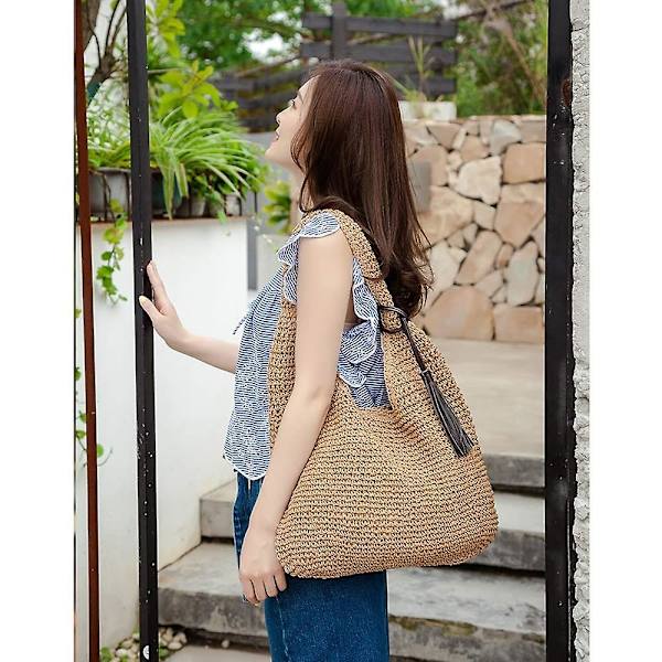 Håndvevd Myk Stor Halm Skulderveske med Svarte Kvaster Boho Halm Håndtak Tote Retro Sommer