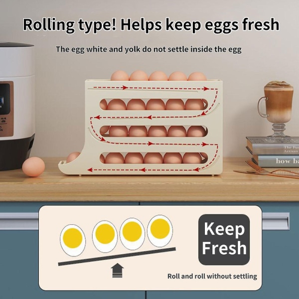 Kylskåp Äggdispenser Automatisk Rolldown Ägghållare 3-vånings förvaringsställ Ny design Creamy White