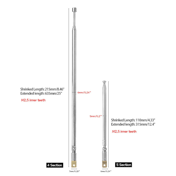Teleskopisk Antenne Universal 4/5 Seksjoner TV Radio Antennemottaker