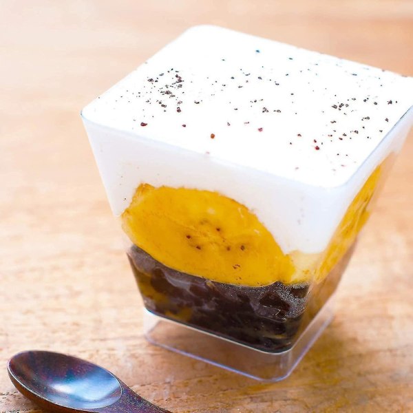 50st Mini Dessertkoppar Plast Fyrkantiga Dessertkoppar Klar Parfait Förrättskopp Återanvändbar serveringsskål