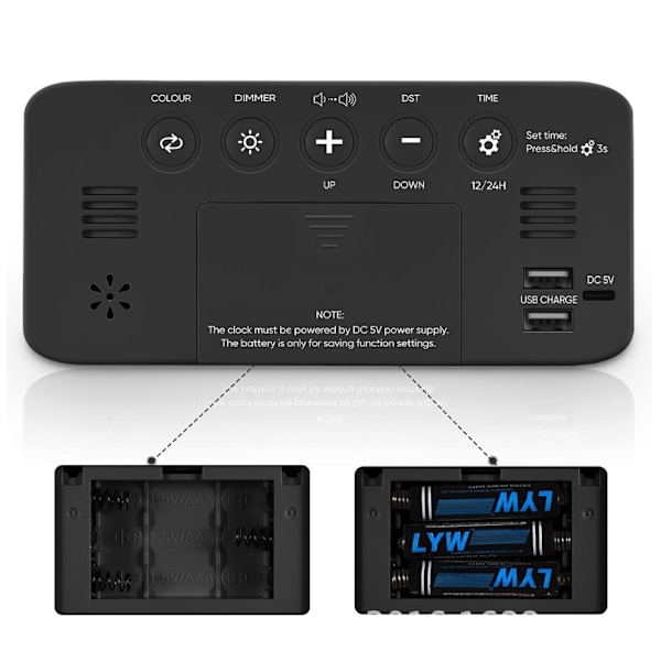 Väckarklocka Extra Hög Väckarklocka, Digital Klocka med 7 Färger Nattljus, Justerbar Volym, Dimmer, USB-laddare, Liten Sovrumsklocka Svart