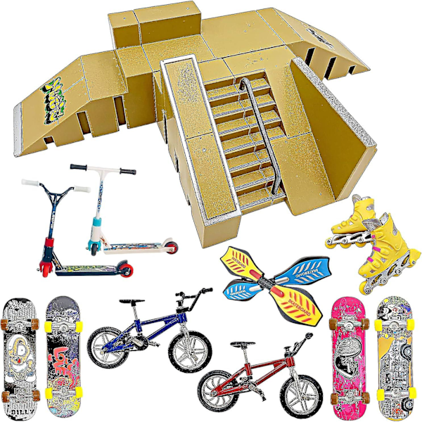 STASHABLES Finger Skateboard Ramp Sæt  Finger Skatepark Kit 16 Dele  Skate Park Kit Inkluderer Skateboards, Ramper, Scootere, Skøjter, Cykler og Caster