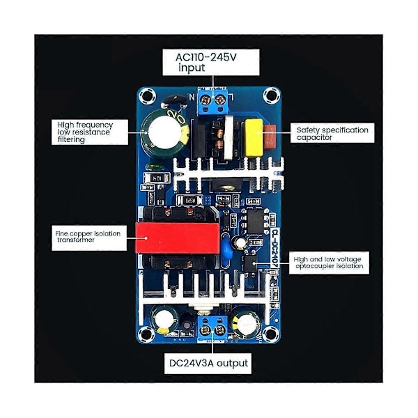 24V 3A Strømforsyningskort med bryter 70W Isolerende strømmodul AC-DC Innebygd modul 110V/220V til 24V