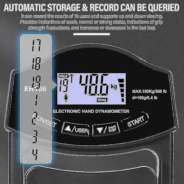 Caraele Gripstyrke Tester, 396lbs/180kg Digital Hånd Dynamometer Gripstyrke Måler Usb Lcd Skjerm Hånd