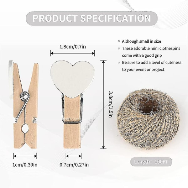 Heart Pegs,100pcs Mini Wooden Clothespins, White Photo Paper Clips With 30 Meters Jute[C]