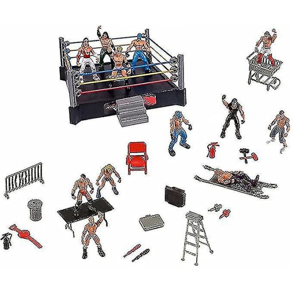 WWE Mini Wrestling Figursett, Brytere Warriors Lekefigurer med Kvadratisk Ring & Tilbehør, Morsomme Miniatyr Kampfigurer Gave Høy Kvalitet