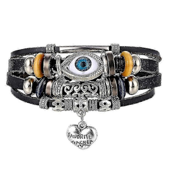 Män Kvinnor Multi-lager Onda Ögat Läderarmband Flätat Pärlarmband Armring (C)