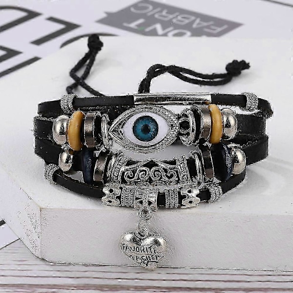 Män Kvinnor Multi-lager Onda Ögat Läderarmband Flätat Pärlarmband Armring (C)