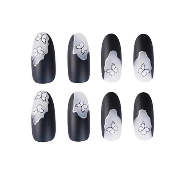 Falske Negle Sæt, 24 stk. Stiletto Matte Sommerfugle, Sort Medium Størrelse