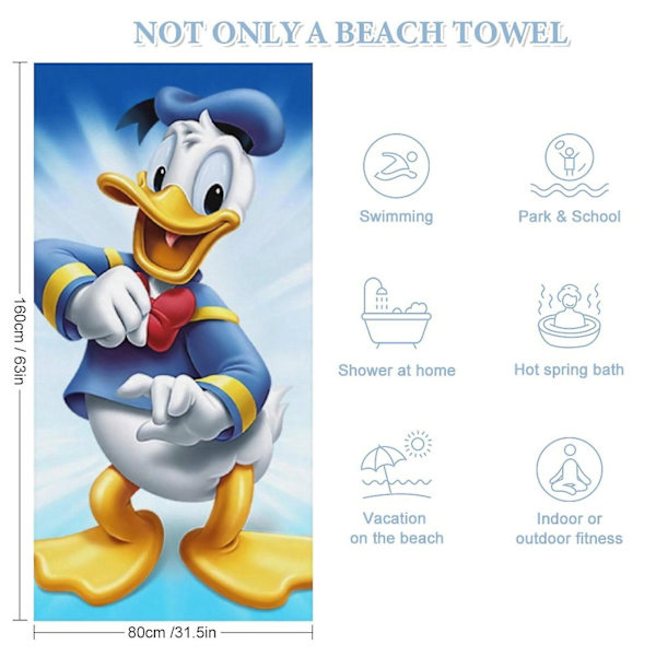 i22 Donald Duck Överstor Handduk i Dubbelsidig Fleece, Stor Poolhandduk, Sandsäker, Snabbtorkande, Kompakt, Mjuk, Absorberande cvv22
