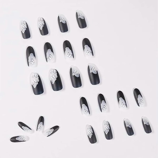 KATEA 24 stk. Stiletto Kunstige Negle, Matte Sommerfugl Tryk-på Negle, Sorte Medium Falske Negle Fuld Dækning Negle til Kvinder og Piger. Bemærk: Ingen lim. (C)