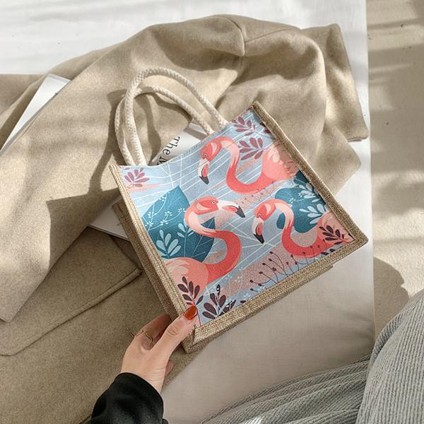 (Flamingo) Ny koreansk modetrykt håndtaske i linned [C]