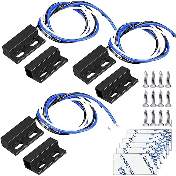 3 Sett Svarte Magnetiske Bryterledninger NO/NC Flush Dør Sensor Skjult Vindu Kontakt Reed Bryter for Tilgangskontroll Erstatning Alarmsystem